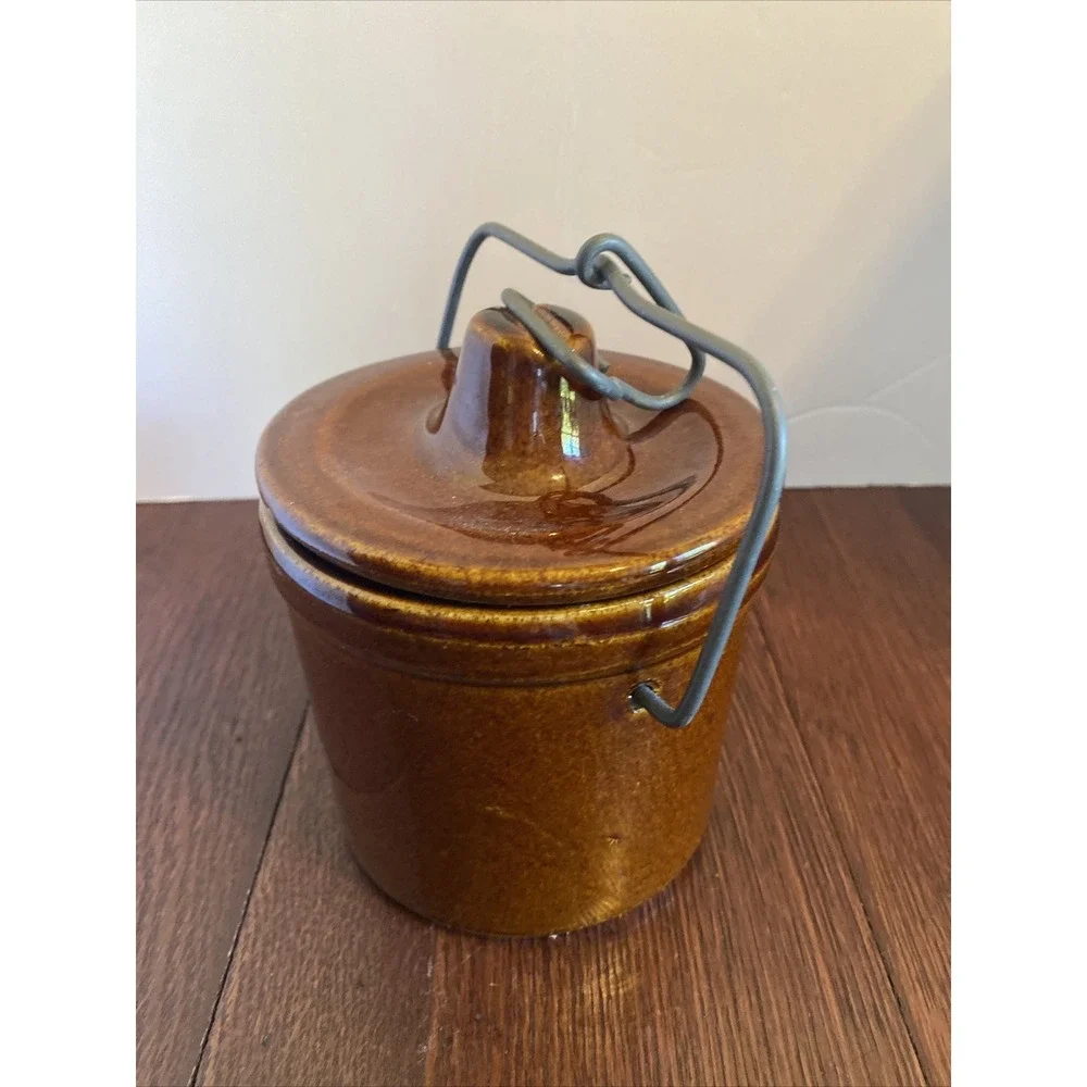 Vintage Cheese Crock with Locking Wire‎ Bail Lid Dark Brown Glaze Jar